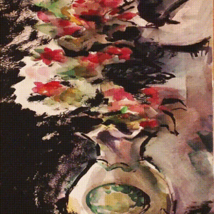 נערה מריחה פרחים באגרטל שיש